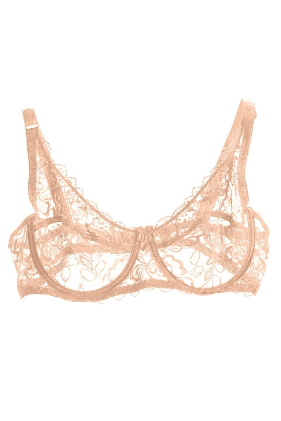 Front Closure Bra for Women Women's Balconette Lace Bra Lightweight Sheer Lace Underwire Push up Mesh Bralettes Soft Bras Beige 40