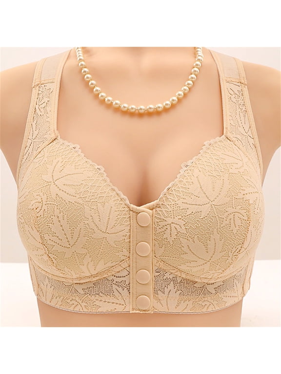 Front Closure Bras High Support Bralettes for Women Front Snap Bras Front Fastening Bras Full Coverage Bras Easy Snap Closure No Underwire Wide Strap Bra Back Smoothing Sleep Bras Beige