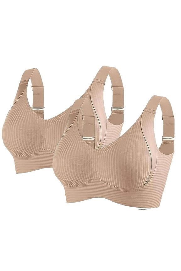 Front Closure Bras for Women Under 20$ - Beige Bras for Women Front Closure Hontri Sports Bras for Women Comfortable Ribbed Wireless Bralettes Adjustable Padded Everyday Bra 2Pc