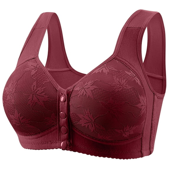 Front Closure Bras for Women No Underwire Push Up Full Coverage Lightweight Plus Size Solid Color Wide Strap Breathable Underwear Daily Bra for Women Wine 4XL