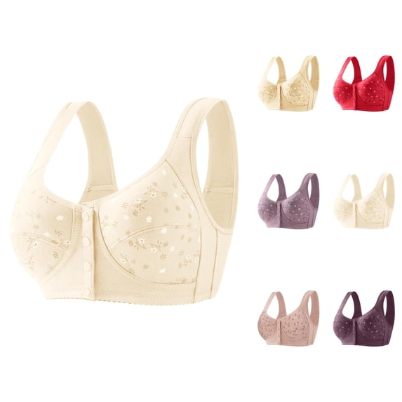 Front Closure Bras for Older Women Floral Print Wide Strap Soft Knitting Cotton Plus Size Wireless Bralettes Everyday Bra
