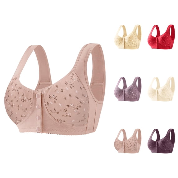 Front Closure Bras for Older Women Floral Print Wide Strap Soft Knitting Cotton Plus Size Wireless Bralettes Everyday Bra