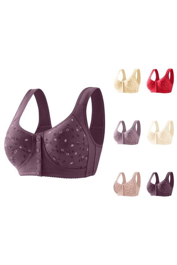 Front Closure Bras for Older Women Floral Print Wide Strap Soft Knitting Cotton Plus Size Wireless Bralettes Everyday Bra