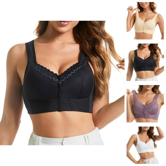 Front Closure Bras for Older Women Front Snap Lace Thin Cup Wireless Plus Size Comfortable Bralettes Everyday Bra