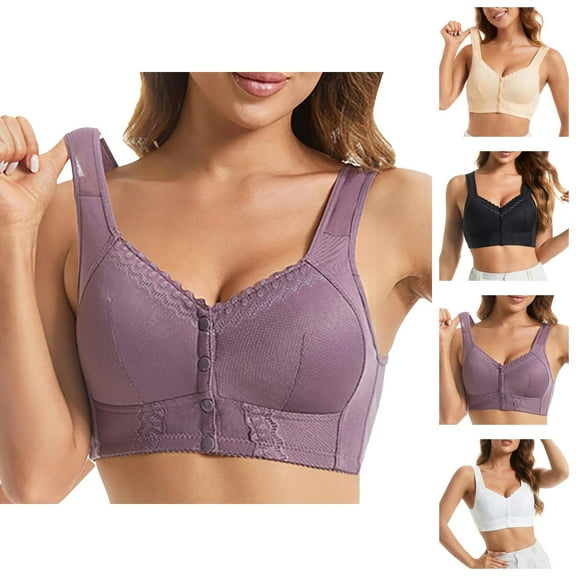 Front Closure Bras for Older Women Front Snap Lace Thin Cup Wireless Plus Size Comfortable Bralettes Everyday Bra