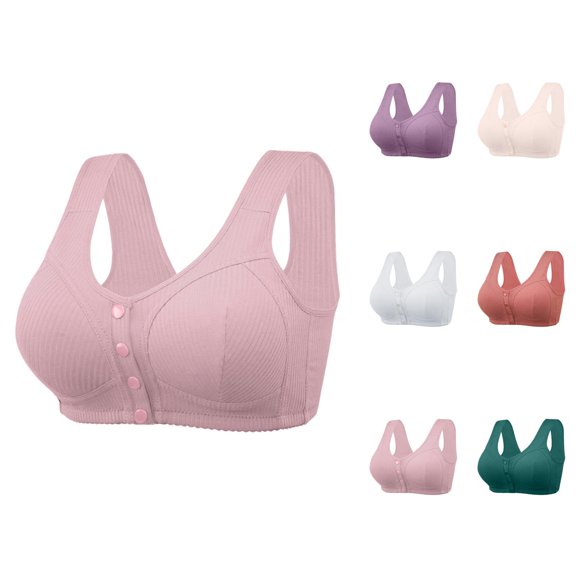 Front Closure Bras for Older Women Front Snap Wide Strap Ribbed Wireless Comfortable Bralettes Everyday Bra