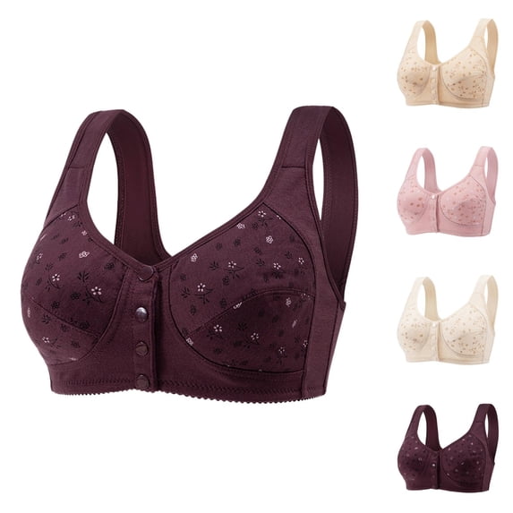 Front Closure Bras for Older Women Plus Size Floral Print Comfortable Wide Strap Wireless Bralettes Everyday Bra
