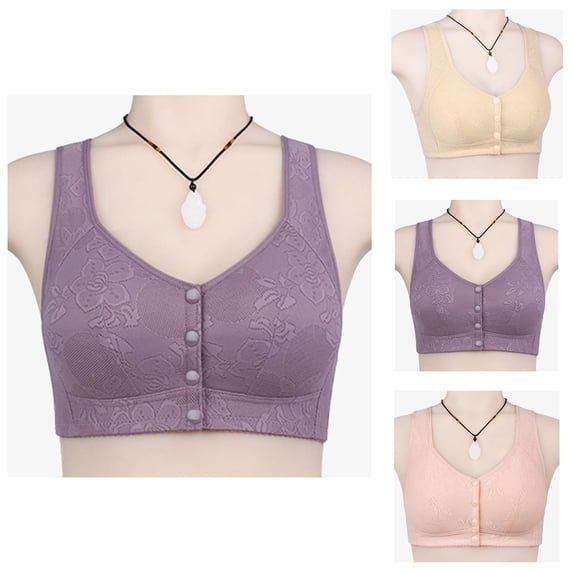 Front Closure Bras for Older Women Plus Size Jacquard Comfortable Wide Strap Wireless Bralettes Everyday Bra
