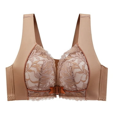 Front Closure Bras for Women Floral Lace No Underwire Wireless Plus Size Full Coverage Push Up Comfortable Everyday Bra,Khaki,36 C