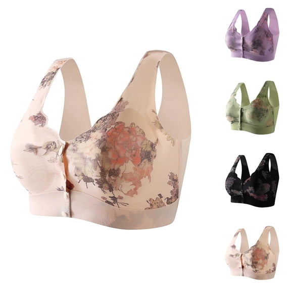Front Closure Bras for Women Floral Print Seamless Wireless Push Up Bralettes Everyday Bra