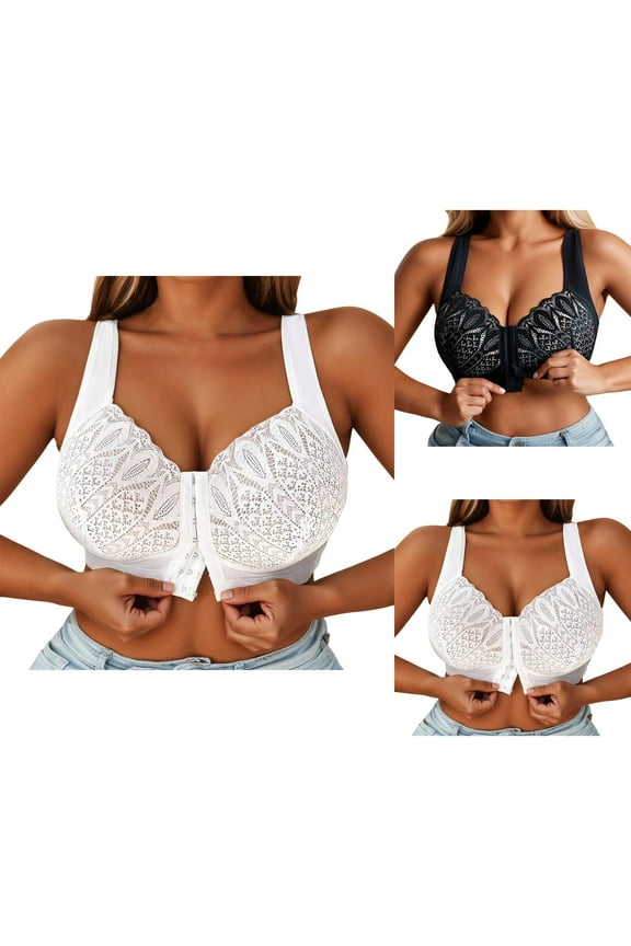 Front Closure Bras for Women Lace Embroidery Wireless Plus Size Front Hook Bralette Comfortable Everyday Bras