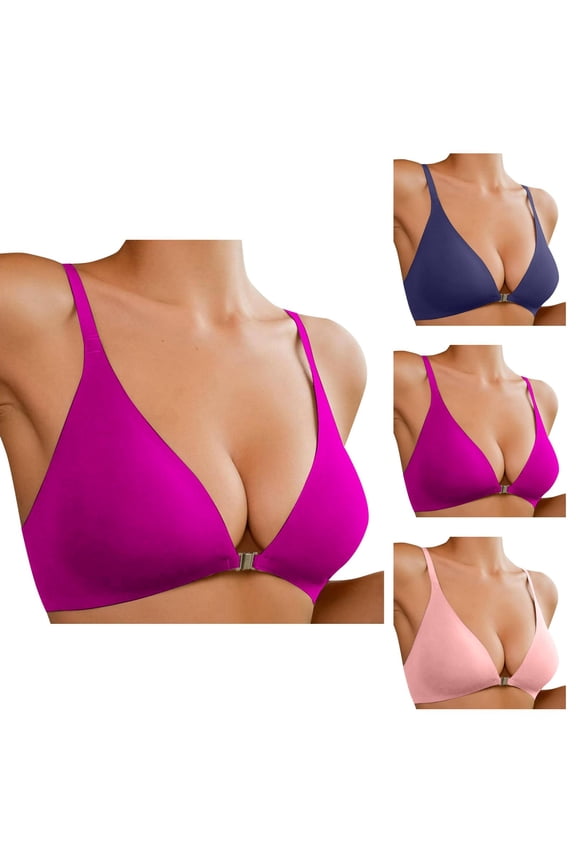 Front Closure Bras for Women No Underwire Low Cut Deep V Padded Bralette Seamless Support Hosiery