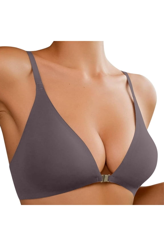 Front Closure Bras for Women, No Underwire, Low Cut Deep V, Padded & Seamless, 85% Nylon 15% Spandex, Sizes S-XL