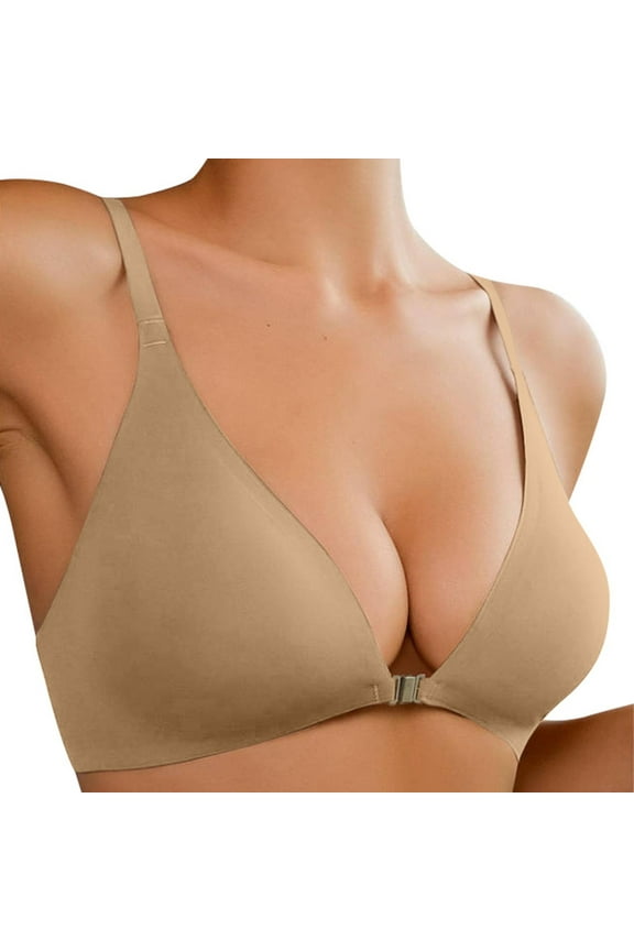Front Closure Bras for Women, No Underwire, Low Cut Deep V, Padded & Seamless, 85% Nylon 15% Spandex, Sizes S-XL