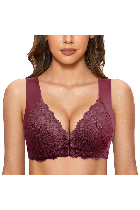 Front Closure Bras for Women, No Underwire Seamless Bra for Old Women, Comfort Cotton Solid Lace Push Up Bra Breathable Bras (Red, XX-Large)