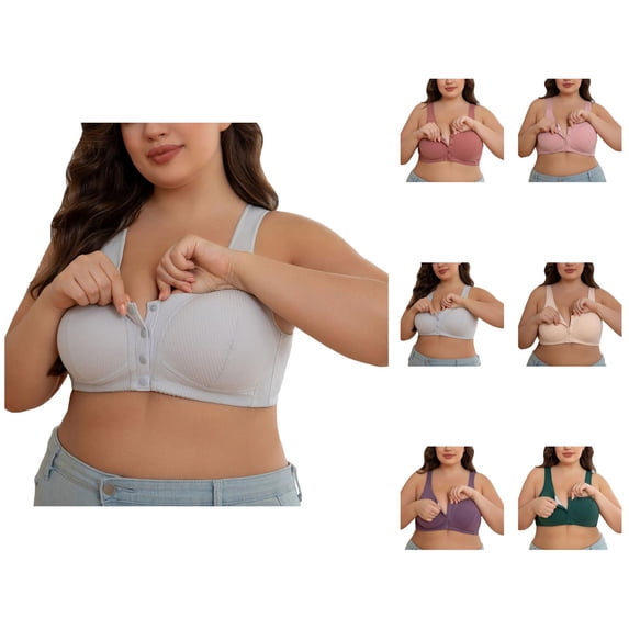 Front Closure Bras for Women Plus Size Comfortable Ribbed Wide Strap Wireless Bralettes Everyday Bra