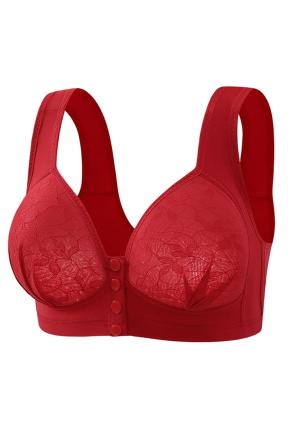 Front Closure Bras for Women Plus Size Lace Embroidrey Push Up Full Coverage Wireless Seamless Comfortable Lingerie Bra,Red,44 C