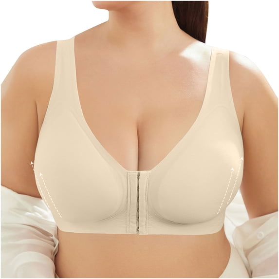 Front Closure Bras for Women Plus Size No Underwire Push-up Seamless Comfortable Wireless Underwear Bra (5XL, Beige)