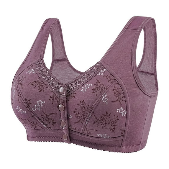 Front Closure Bras for Women Plus Size Wireless Underwear Comfortable V Neck Push Up Full Coverage Lingerie Everyday Bra,Purple,46 C
