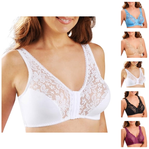 Front Closure Bras for Women V Neck Floral Lace Semi Sheer Plus Size Wireless Bralettes Everyday Bra