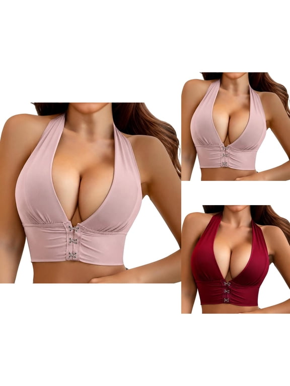 Front Closure Halter Bras for Women Deep V Neck Backless Bra