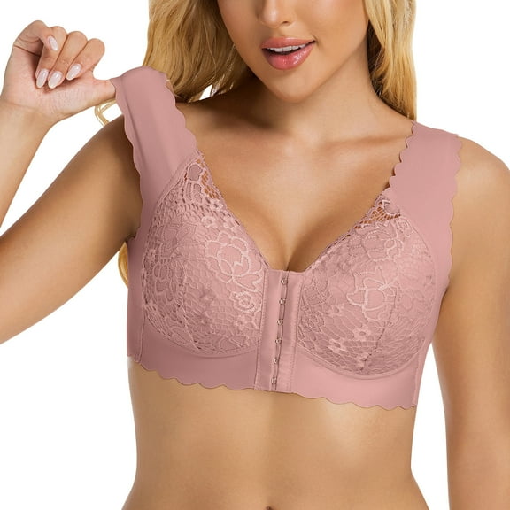 Front Closure Lace Bras for Women Plus Size Soft Breathable Underwear Full Coverages Seamless Wirefree Bralette New Seamless Sport Bra Pinky 4XL