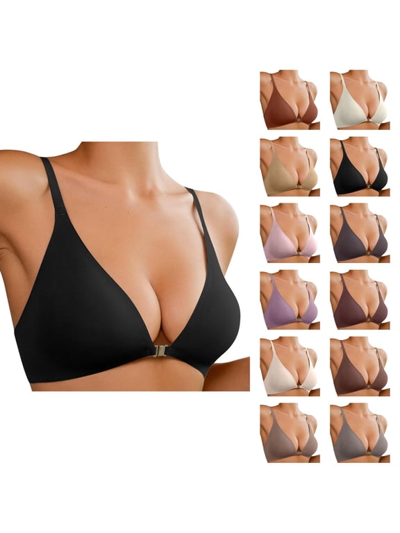 Front Closure Padded Bralette for Women, No Underwire Low Cut Seamless Wireless Bra with Support and Lift, Plunge Push Up Comfy Bras