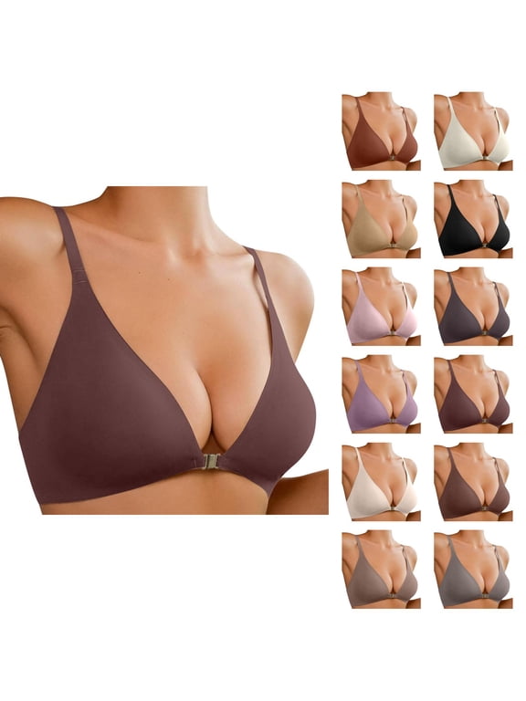 Front Closure Padded Bralette for Women, No Underwire Low Cut Seamless Wireless Bra with Support and Lift, Plunge Push Up Comfy Bras