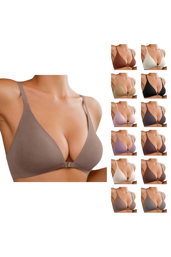 Front Closure Padded Bralette for Women, No Underwire Low Cut Seamless Wireless Bra with Support and Lift, Plunge Push Up Comfy Bras