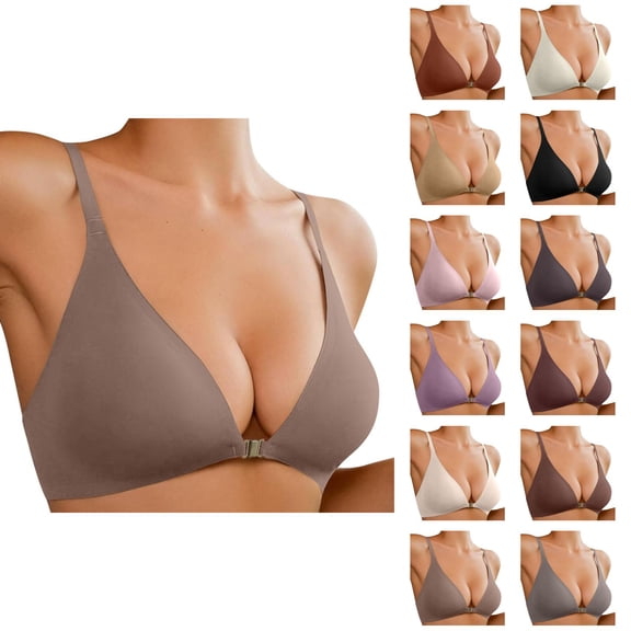 Front Closure Padded Bralette for Women, No Underwire Low Cut Seamless Wireless Bra with Support and Lift, Plunge Push Up Comfy Bras