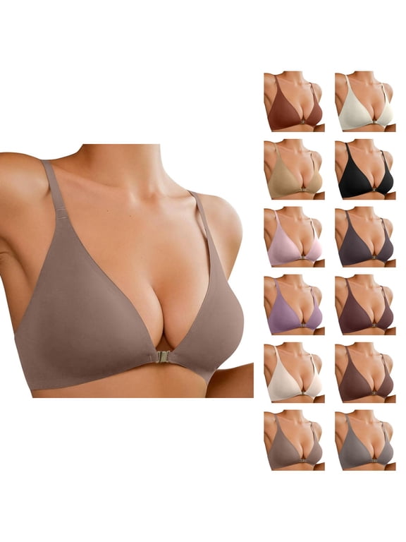 Front Closure Padded Bralette for Women, No Underwire Low Cut Seamless Wireless Bra with Support and Lift, Plunge Push Up Comfy Bras