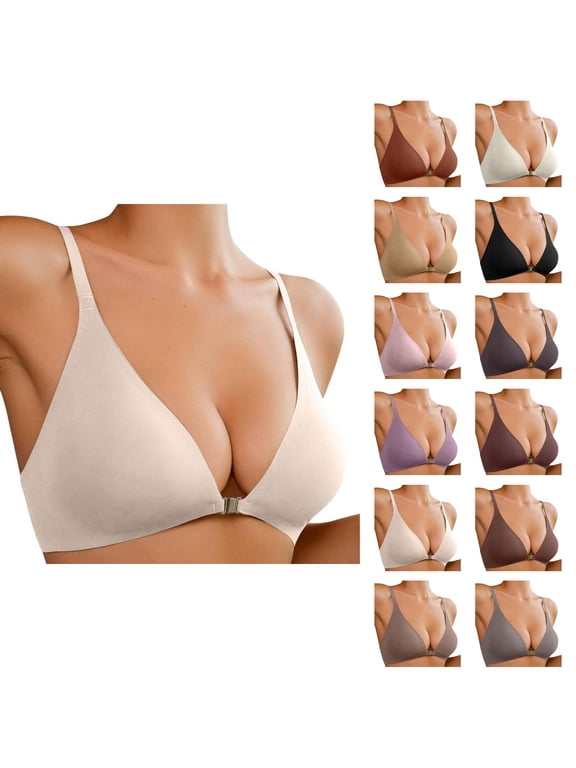Front Closure Padded Bralette for Women, No Underwire Low Cut Seamless Wireless Bra with Support and Lift, Plunge Push Up Comfy Bras