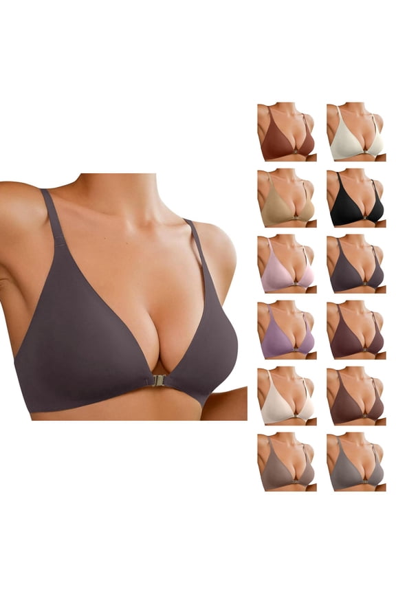 Front Closure Padded Bralette for Women, No Underwire Low Cut Seamless Wireless Bra with Support and Lift, Plunge Push Up Comfy Bras