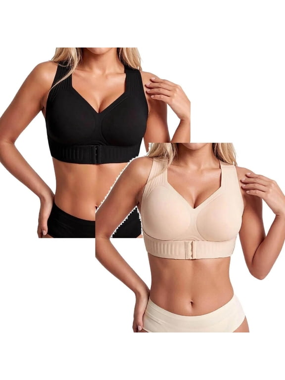 Front Closure Posture Bras Back Support Bra Posture Corrector Bra Posture Lift Bra Push Up Bra Lifting Bra Bras for Women No Underwire Back Brace Posture Corrector Posture Bra Sleep Bra 2PCS Khaki