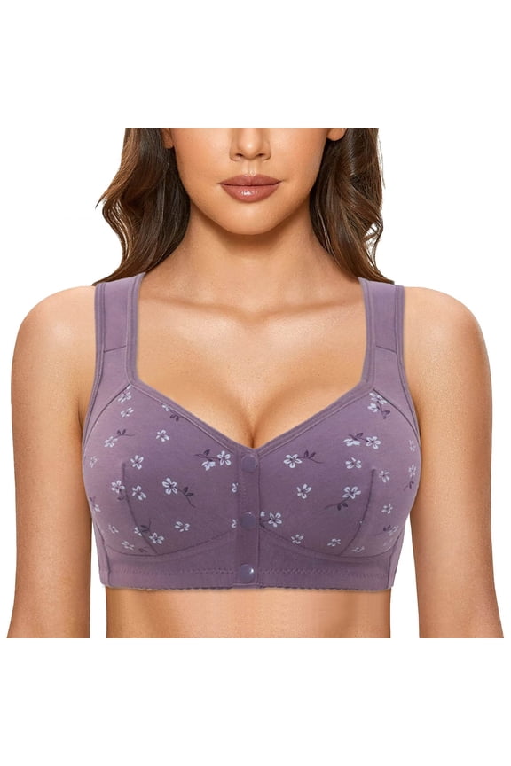 Front Closure Push Up Bras for Old Women, Plus Size Push Up Comfortable No Underwire Seniors Full Coverage Cotton Bra Daisy Bras (Purple, 3X-Large)