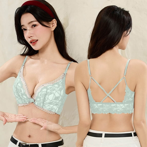 Front Closure Push up Bra Women's Solid Wireless Cross-Back Lace Comfortable Seamless Underwear Bralette Light Blue S