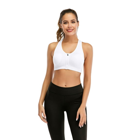 Front Closure Sports Bras for Women Padded Workout Strappy Crop Bra Tank Tops Support Bra, White, L