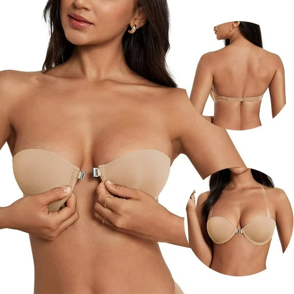 Front Closure Strapless Bra with Clear Strap, Underwire Low Plunge Push Up Bra for Women Small Breast