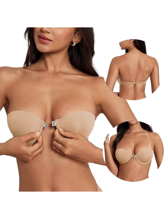 Front Closure Strapless Bra with Clear Strap, Underwire Low Plunge Push Up Bra for Women Small Breast