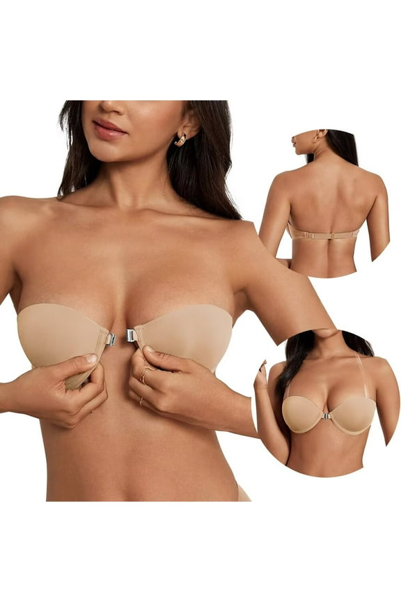 Front Closure Strapless Bra with Clear Strap, Underwire Low Plunge Push Up Bra for Women Small Breast