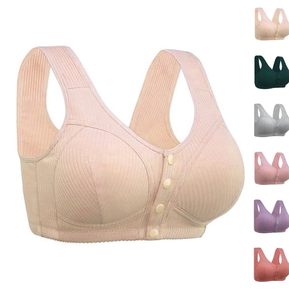 Front Closure Wireless Bra for Women Ribbed Texture Wide Vest Straps V Neck No Underwire Elderly Comfort Sleep Brassiere Complexion 46