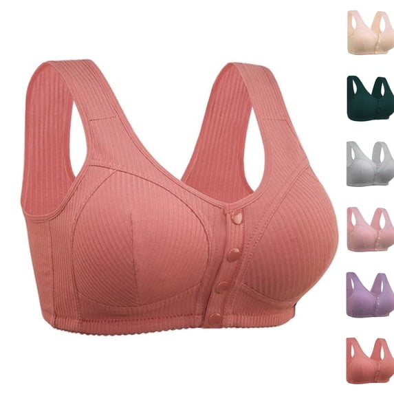 Front Closure Wireless Bra for Women Ribbed Texture Wide Vest Straps V Neck No Underwire Elderly Comfort Sleep Brassiere Vermilion 36