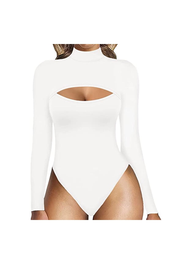 Front Cutout Long Sleeve Slim Fit Bodysuit Body Shaper Tummy Control White Xl