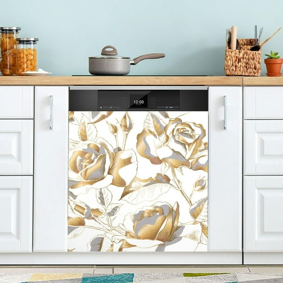 Front Dishwasher Magnet Sticker Cover Decorative Appliances Stickers Gold Rose Refrigerator Skins Dishwasher Panel Decals
