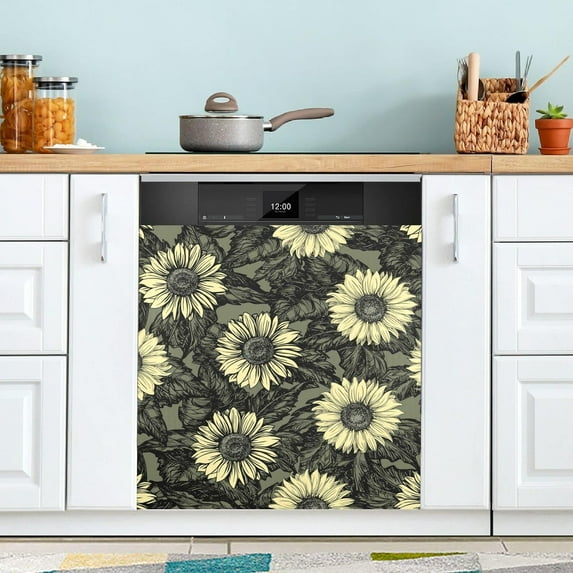 Front Dishwasher Magnet Sticker Cover Decorative Appliances Stickers Vintage Sunflower Refrigerator Skins Dishwasher Panel Decals