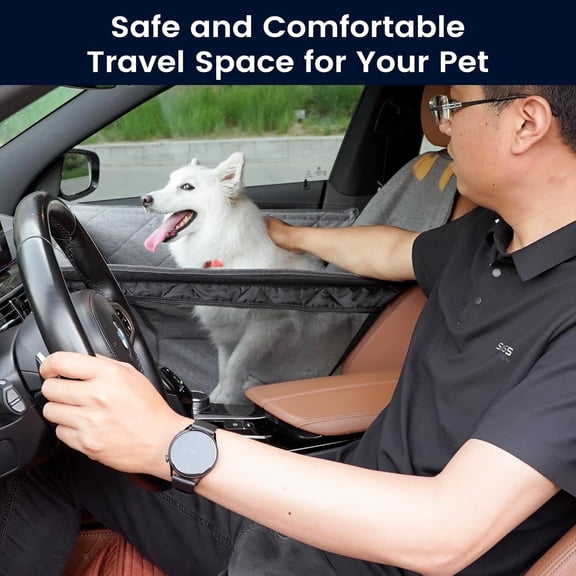 Front  Dog Car  for Small/Medium Dogs with Door  – Full Coverage Pet Booster  with Mesh Window, Zippered Side Flaps, Safety Buckle,  Linen Fabric