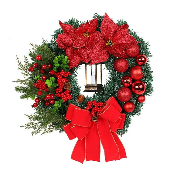 Front Door Artificial Christmas Wreath Door Decorations With LED Oil Lamp,Xmas Ball Artificial Red Berry Grass Bow Ornaments Decorations
