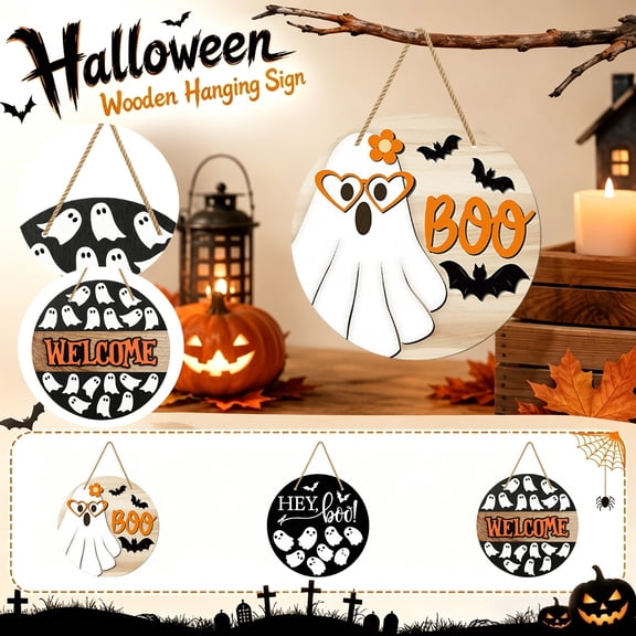 Front Door Decor, Halloween Outdoor Hanging Decorations, Hanging Halloween Decorations Outdoor, Ghost Halloween Decor, 8 Inch Diameter Lightweight Water Resistant Wooden Sign with