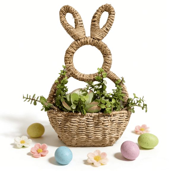 Front Door Easter Decor - Hand-Woven Wicker Bunny Hanging Basket, Wall Basket Planter for Spring Porch & Entryway