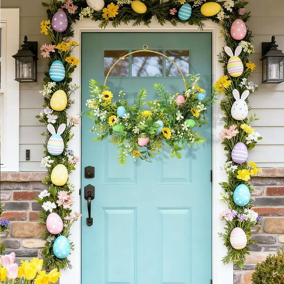 Front Door Easter Wreath Artificial Green Leaves Flowers Eggs Round Door Hanging Decoration 40cm Indoor Outdoor Spring Home Garden Wall Porch Party Farmhouse Seasonal Decor Gift